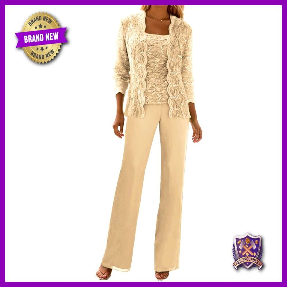 3-Piece Chiffon Lace Formal Pant Suit with Jacket for Wedding Guest